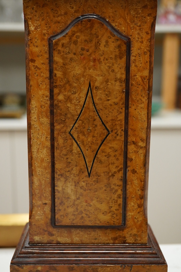 A small French amboyna model of a longcase timepiece, with key, 44cm high